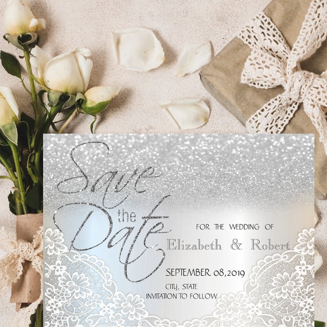 Elegant Silver Glitter Bokeh, Lace Save The Date (Creator Uploaded)