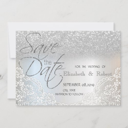 Elegant Silver Glitter Bokeh Lace Save The Date