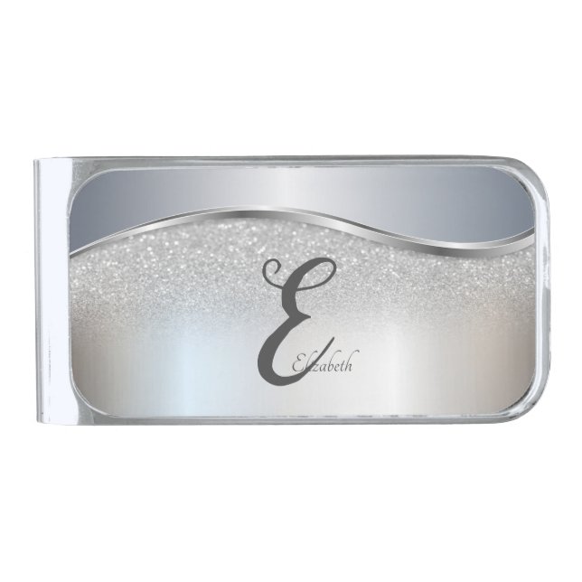 Elegant Silver Glitter Bokeh , Monogram Finish Money Clip (Front)