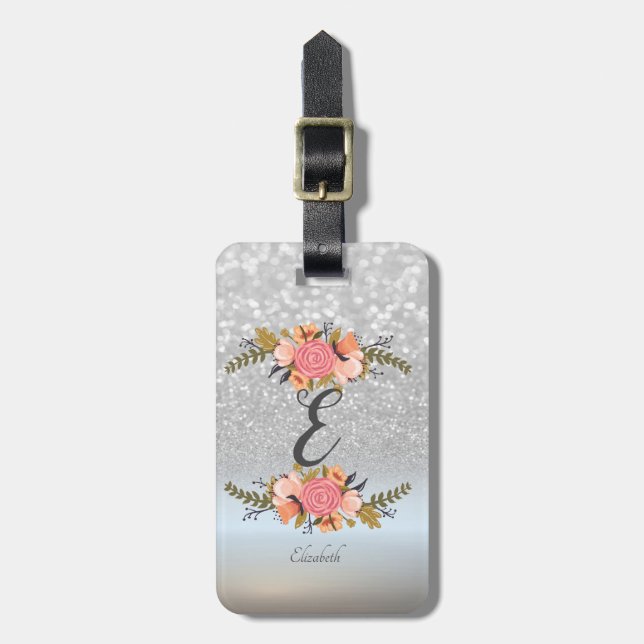 Elegant Silver Glitter Bokeh, Monogram, Flowers Luggage Tag (Front Vertical)