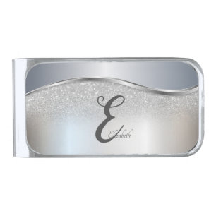 Elegant Silver Glitter Bokeh , Monogram Silver Finish Money Clip
