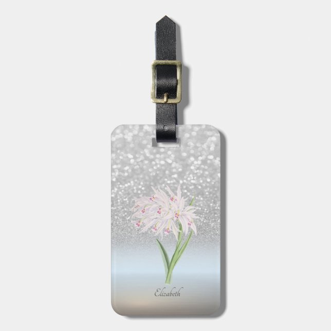 Elegant Silver Glitter Bokeh Ombre, Flower Luggage Tag (Front Vertical)