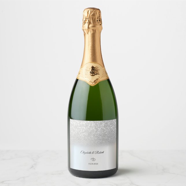 Elegant Silver Glitter Bokeh Sparkling Wine Label (Front)