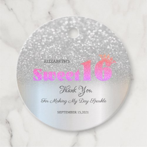 Elegant Silver Glitter Bokeh Sweet 16 Crown  Favor Tags