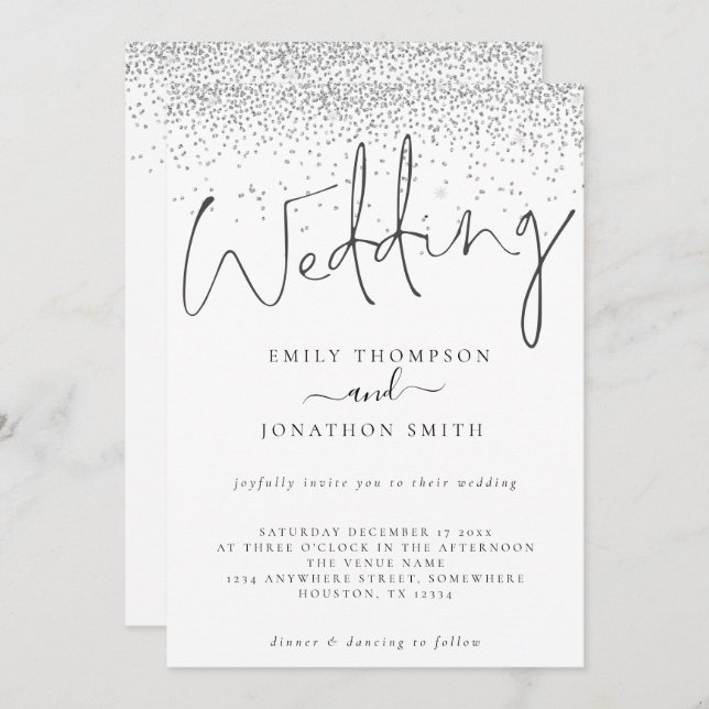 Elegant Silver Glitter Border Script Wedding Invitation (Front/Back)