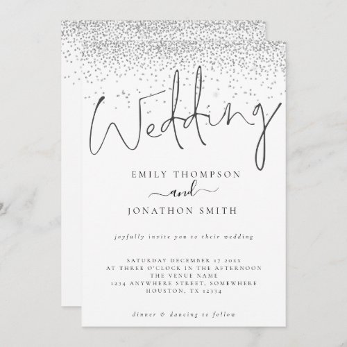 Elegant Silver Glitter Border Script Wedding Invitation