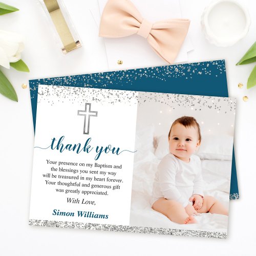 Elegant Silver Glitter Boy Baptism Photo Thank You Card