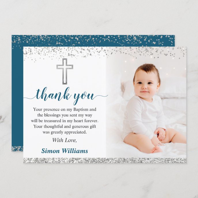 Elegant Silver Glitter Boy Baptism Photo Thank You Card