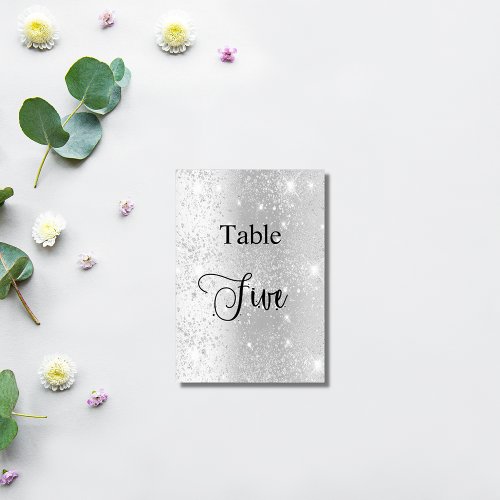 Elegant silver glitter calligraphy table five 5 table number