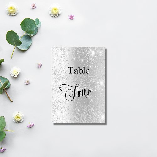 Elegant silver glitter calligraphy table four 4 table number