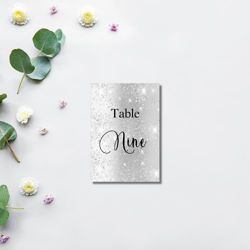 Elegant silver glitter calligraphy table nine 9 table number