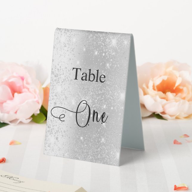 Elegant silver glitter calligraphy table one cafe table tent (In SItu (Wedding))