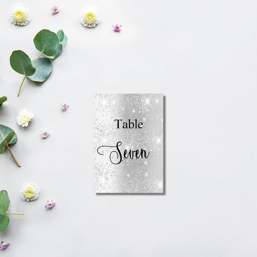 Elegant silver glitter calligraphy table seven 7 table number