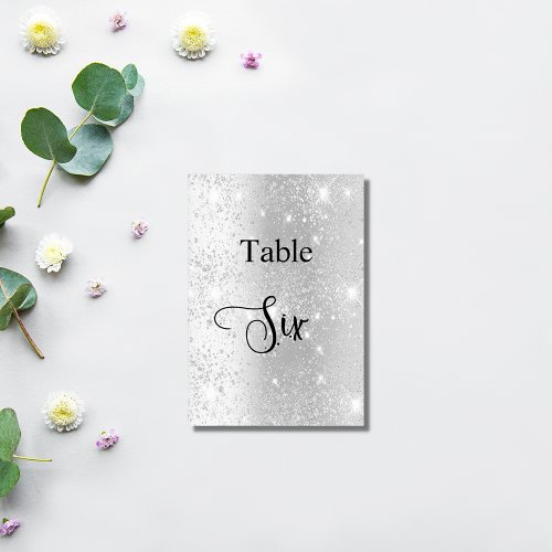 Elegant silver glitter calligraphy table six 6 table number