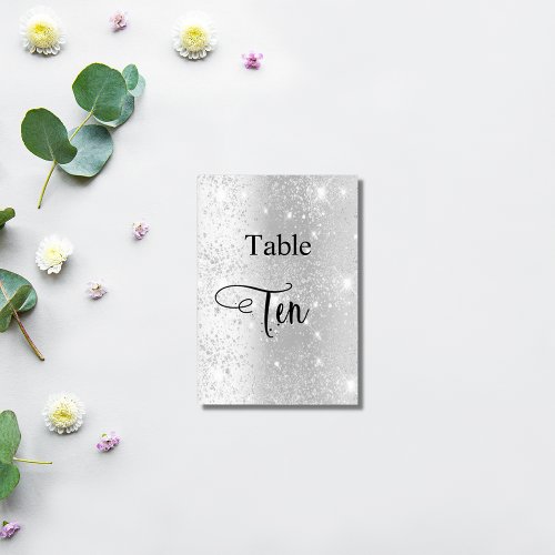 Elegant silver glitter calligraphy table ten 10 table number