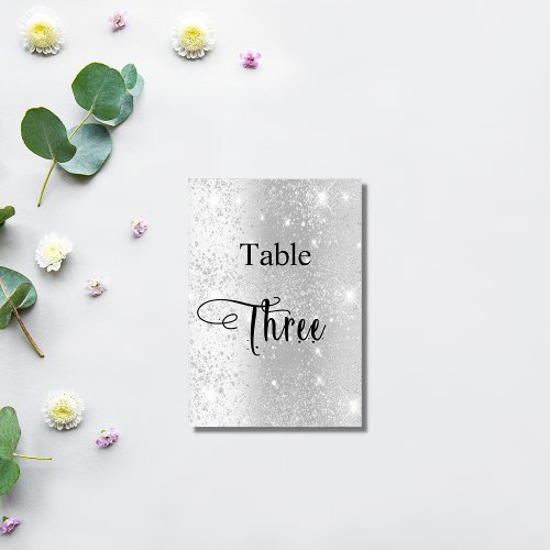 Elegant silver glitter calligraphy table three 3 table number