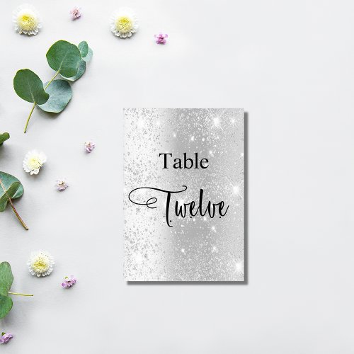 Elegant silver glitter calligraphy table twelve 12 table number
