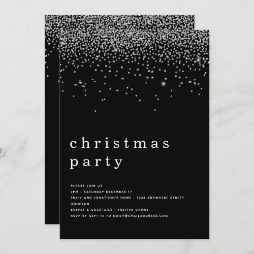 Elegant Silver Glitter Christmas Party Black Invitation
