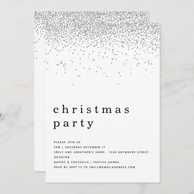 Elegant Silver Glitter Christmas Party Invitation (Front/Back)