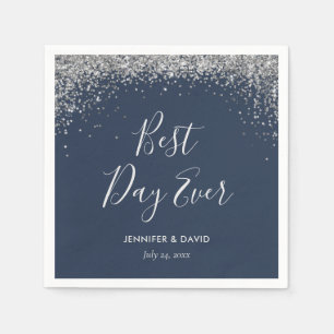 Elegant Silver Glitter Confetti Navy Blue Wedding Napkins