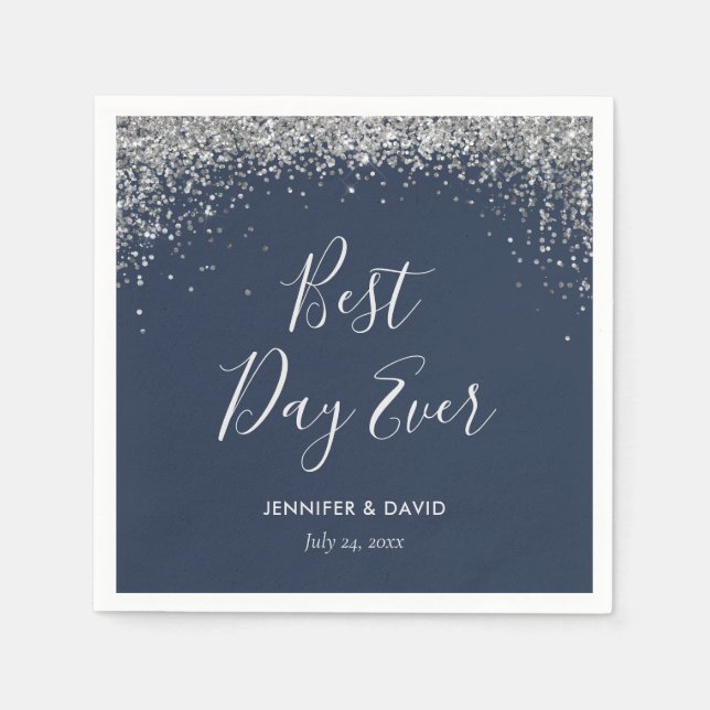 Elegant Silver Glitter Confetti Navy Blue Wedding  Napkins (Front)