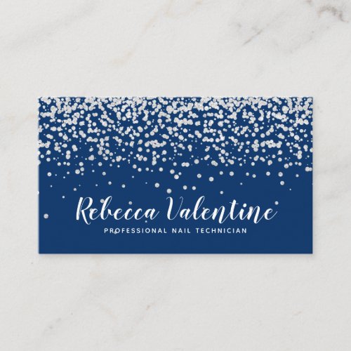Elegant silver glitter confetti plain navy blue business card