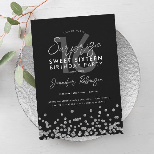 Elegant Silver Glitter Confetti Surprise Sweet 16  Invitation