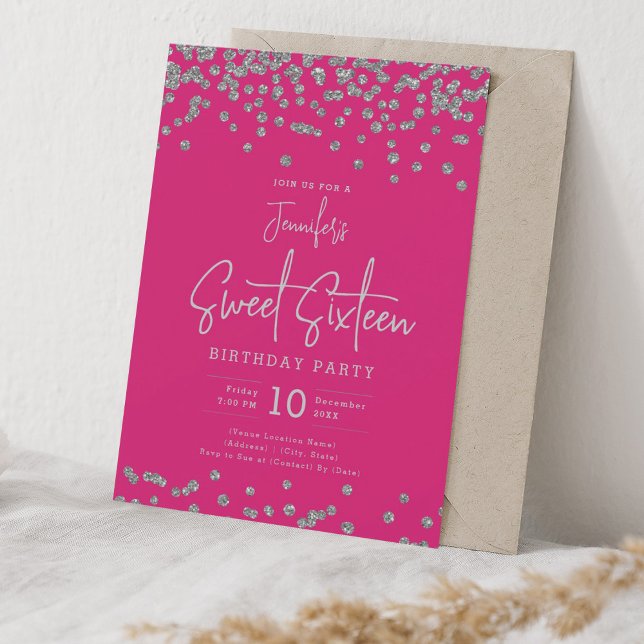Elegant Silver Glitter Confetti Sweet 16 Hot Pink  Invitation (Elegant Silver Glitter Confetti Sweet 16 Hot Pink Invitation)