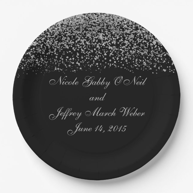 Elegant Silver Glitter Confetti Wedding Paper Plates (Front)