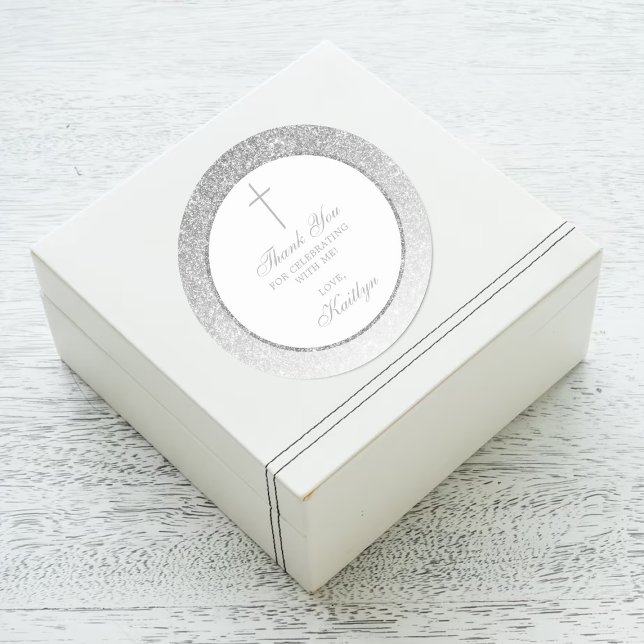 Elegant Silver Glitter Confirmation Or Baptism Classic Round Sticker (Creator Uploaded)
