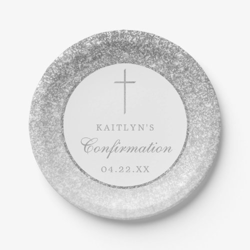 Elegant Silver Glitter Confirmation Or Baptism Paper Plates