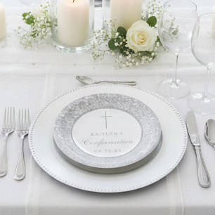 Elegant Silver Glitter Confirmation Or Baptism Paper Plates
