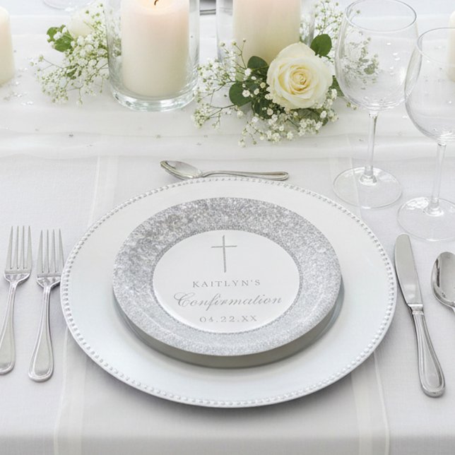 Elegant Silver Glitter Confirmation Or Baptism Paper Plates (Creator Uploaded)