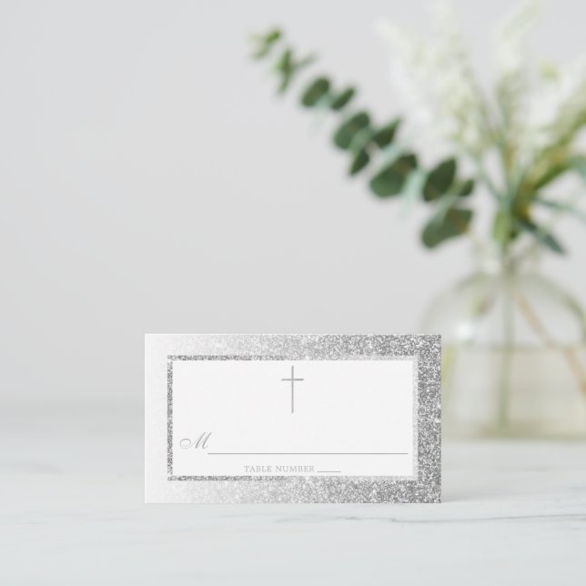 Elegant Silver Glitter Confirmation Or Baptism Place Card (Standing Front)