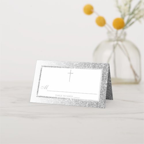 Elegant Silver Glitter Confirmation Or Baptism Place Card