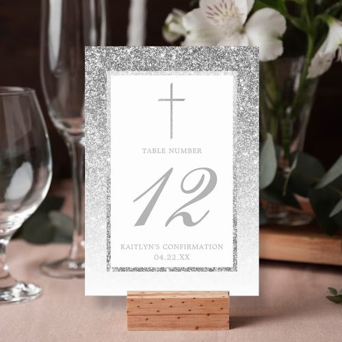 Elegant Silver Glitter Confirmation Or Baptism Table Number