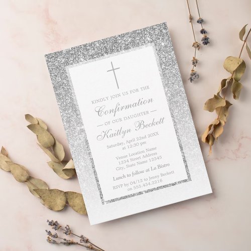 Elegant Silver Glitter Confirmation Or Christening Invitation