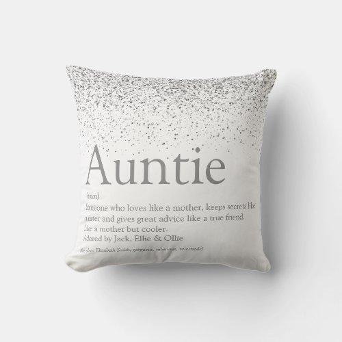 Elegant Silver Glitter Cool Auntie Aunt Definition Throw Pillow