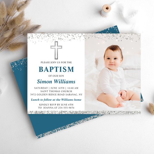 Elegant Silver Glitter Cross Boy Baptism Photo Invitation