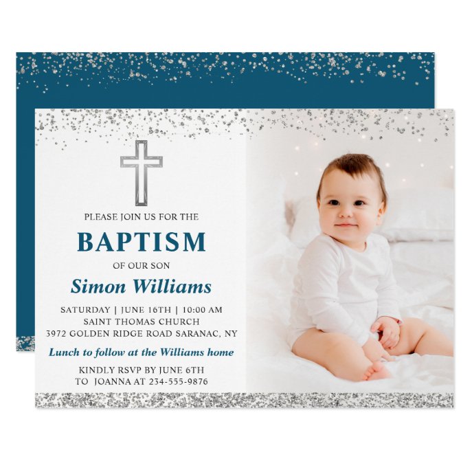 Elegant Silver Glitter Cross Boy Baptism Photo Invitation