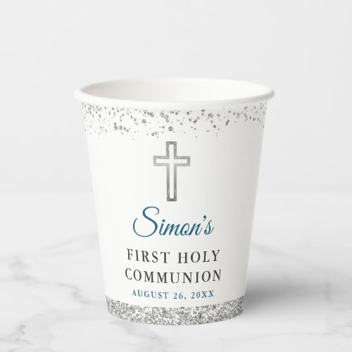 Elegant Silver Glitter Cross First Holy Communion Paper Cups