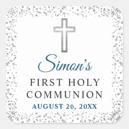 Elegant Silver Glitter Cross First Holy Communion Square Sticker