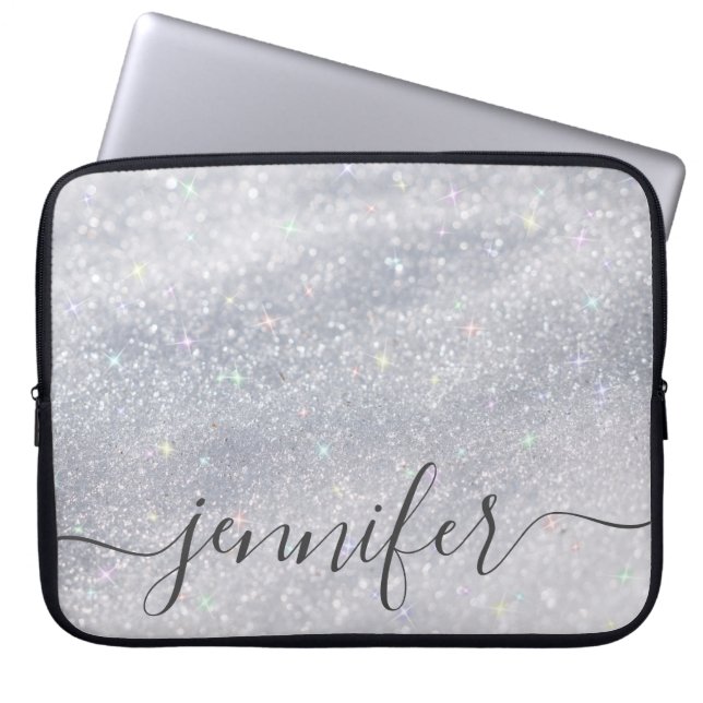 Elegant Silver Glitter Custom Name Laptop Sleeve (Front)