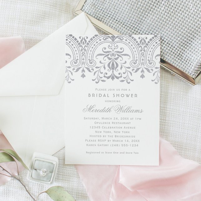 Elegant Silver Glitter Damask Wedding Shower Invitation (Creator Uploaded)