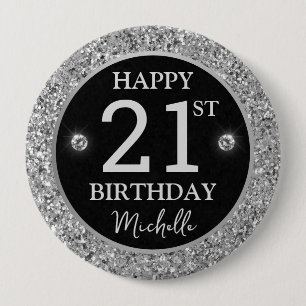 Elegant Silver Glitter Diamonds Birthday Button