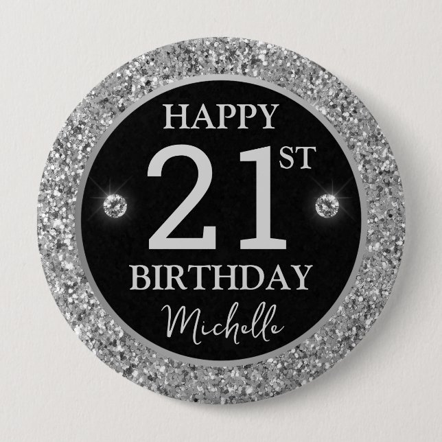Elegant Silver Glitter Diamonds Birthday Button (Front)
