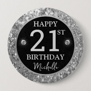 Elegant Silver Glitter Diamonds Birthday Button