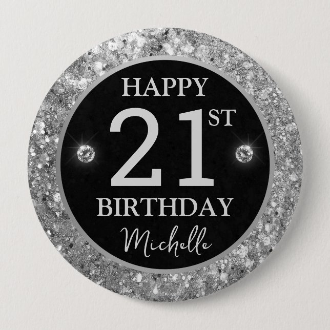 Elegant Silver Glitter Diamonds Birthday Button (Front)