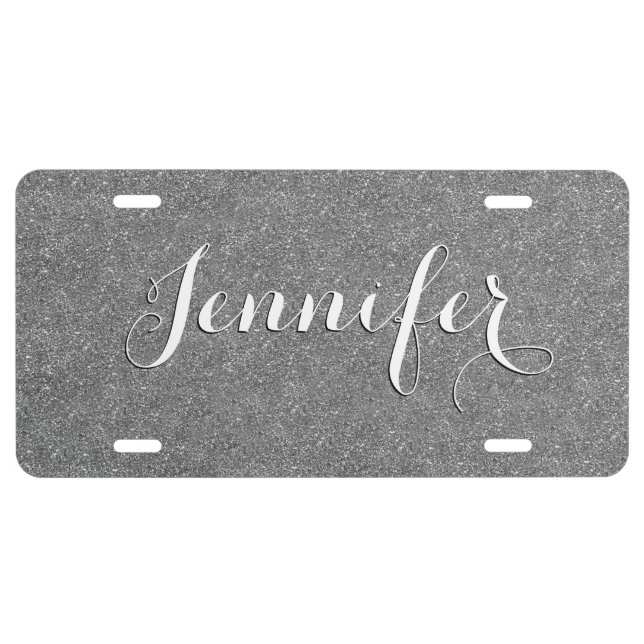 Elegant Silver Glitter, DIY Script Name License Plate (Front)
