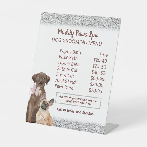 Elegant Silver Glitter Dog Grooming Menu Pedestal Sign